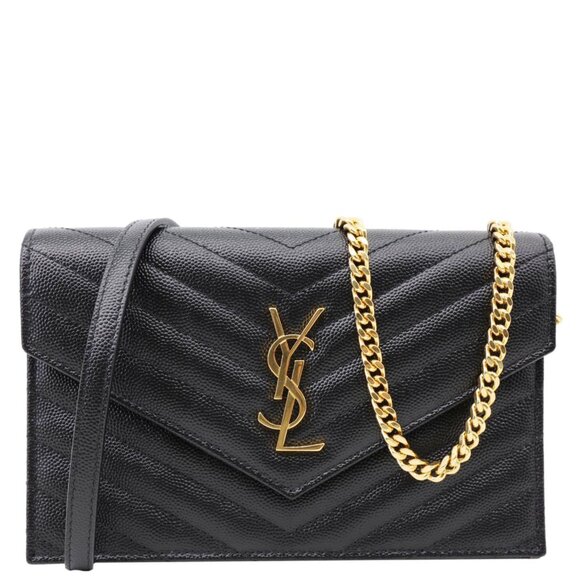 Yves Saint Laurent  Envelope Chain Chevron Grain De Poudre Crossbody Bag Black - Picture 1 of 14